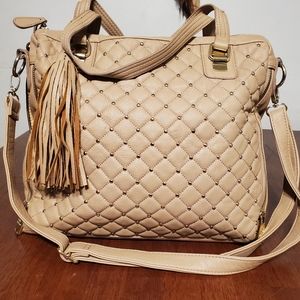 Steve Madden Quilted Satchel Purse With Fringe Accent Beige